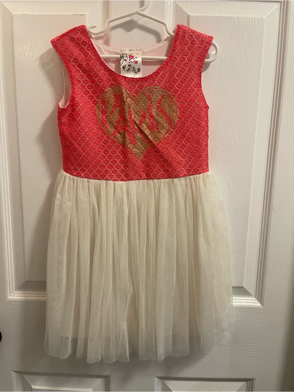 Girls Coral and Cream Tulle Party Dress with Gold Heart Accent